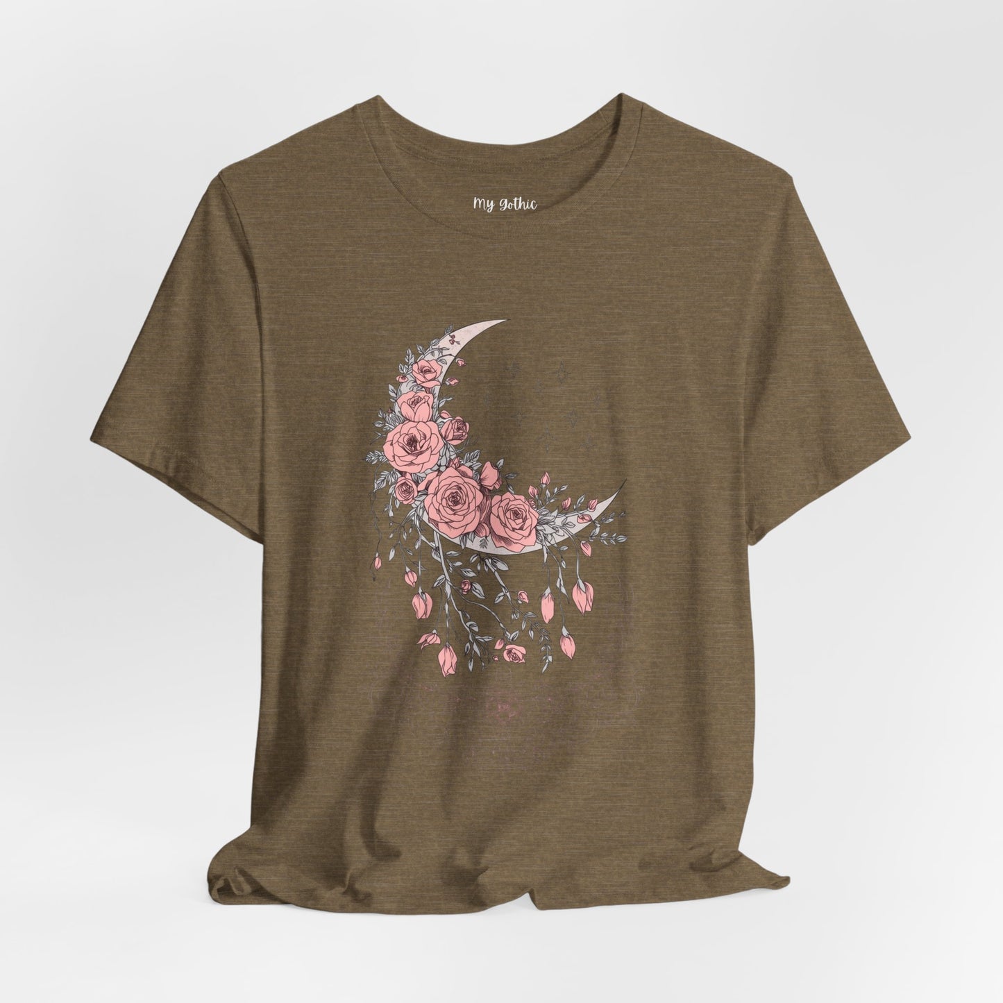 Celestial Goth Crescent Moon Tee with Dripping Florals – Mystic Graphic Art