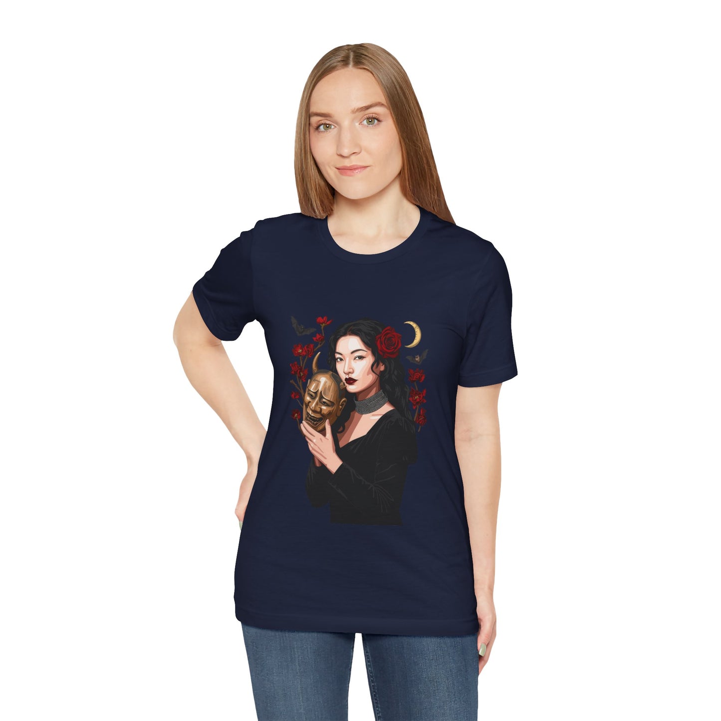 Gothic Rose Maiden Tee — Woman with Mask & Crescent Moon Graphic T-Shirt