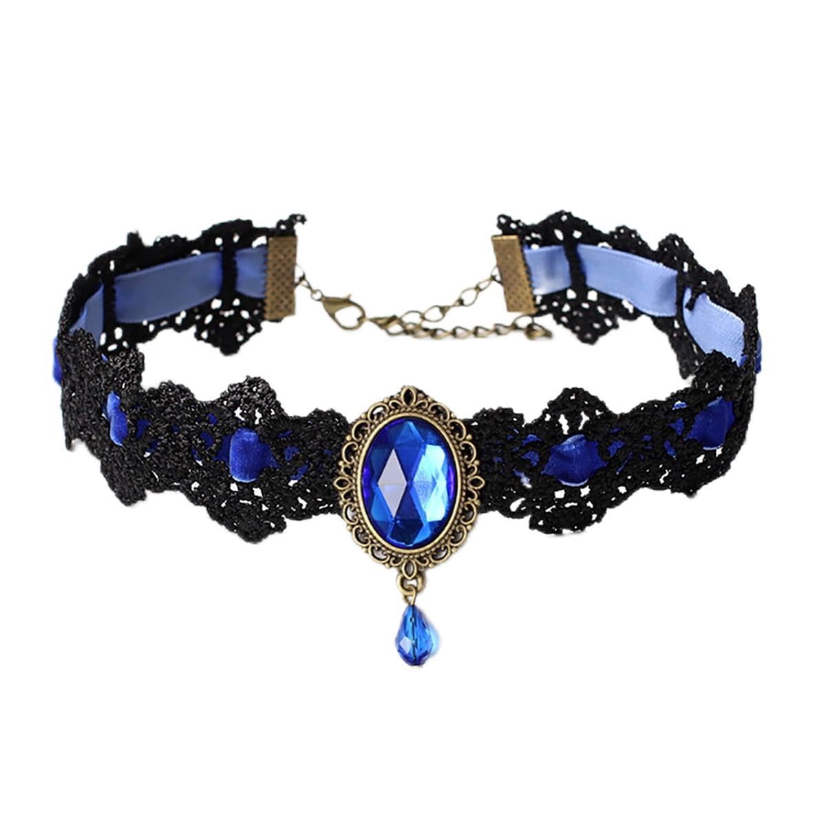 IS4U Gothic Lace Choker Necklace Vintage Crystal Gem Necklace Lace Necklace Goth Necklace Victoria Vampire Bat Crystal Necklace Holiday Party Halloween Costume Jewelry for Women (Blue)