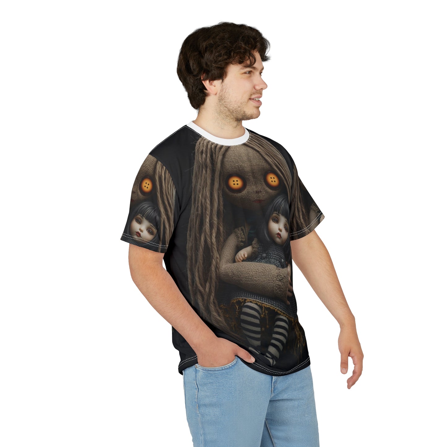 Gunny Sack Doll with Toy Gothic Doll | Horror All-Over Print T‑Shirt