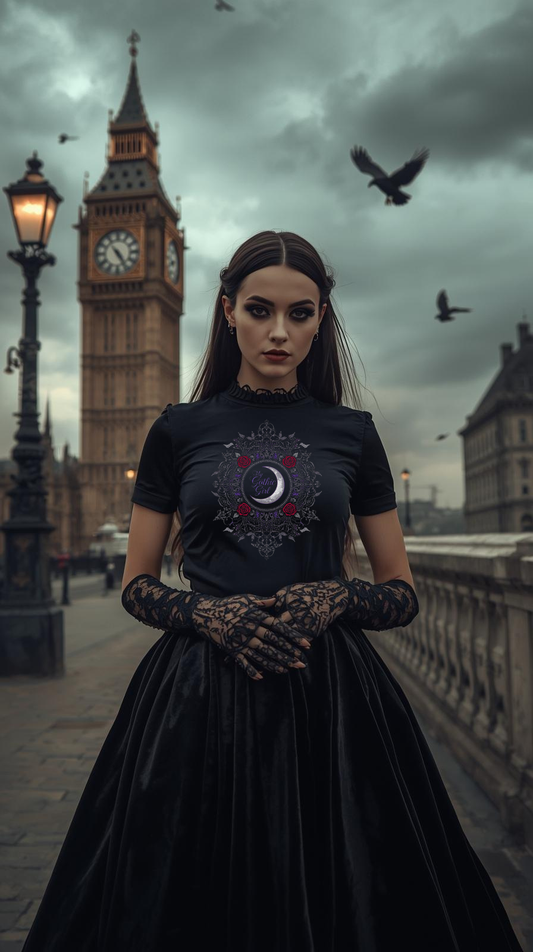 Gothic Moon Lace & Roses Tee — "My Gothic Girl" Women's Graphic Shirt