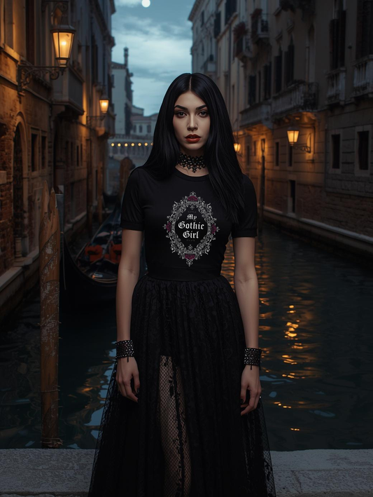 Gothic Fill-agree Lace & Roses Tee — "My Gothic Girl" Women's Graphic Shirt