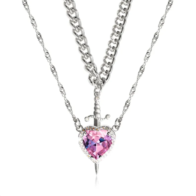 Gothic Punk One Arrow Through The Heart Creative Two Color Couple Necklace Red Rhinestone Heart Dagger Necklace Good Friend Gift Fashion Jewelry
