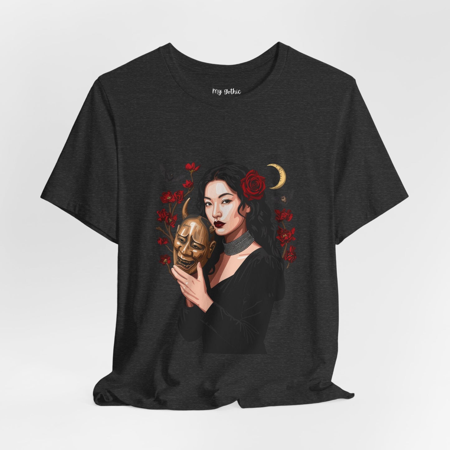 Gothic Rose Maiden Tee — Woman with Mask & Crescent Moon Graphic T-Shirt