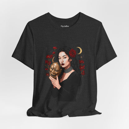 Gothic Rose Maiden Tee — Woman with Mask & Crescent Moon Graphic T-Shirt