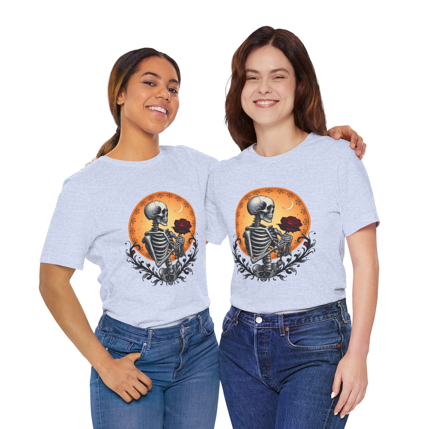 Mystical Gothic Skeleton and Black Rose Under Crescent Moon T-Shirt Design