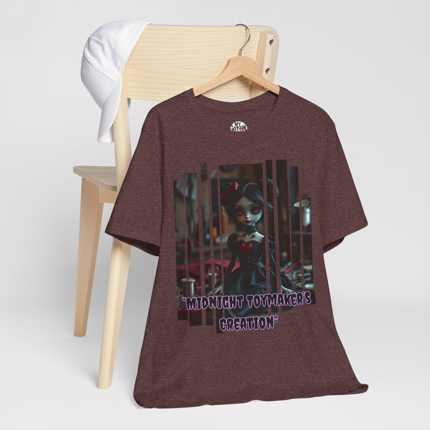 “Midnight Toy-maker's Creation” —hand-stitched Gothic doll Graphic T-Shirt – Alt Aesthetic Poetic Goth Street-wear