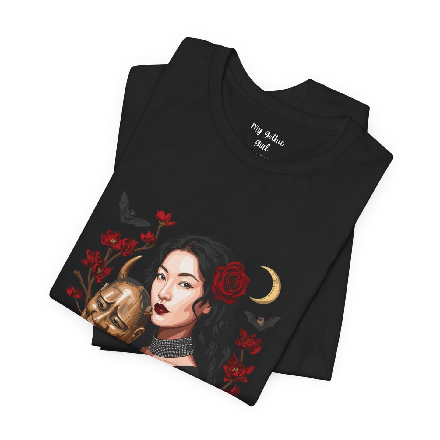Gothic Rose Maiden Tee — Woman with Mask & Crescent Moon Graphic T-Shirt