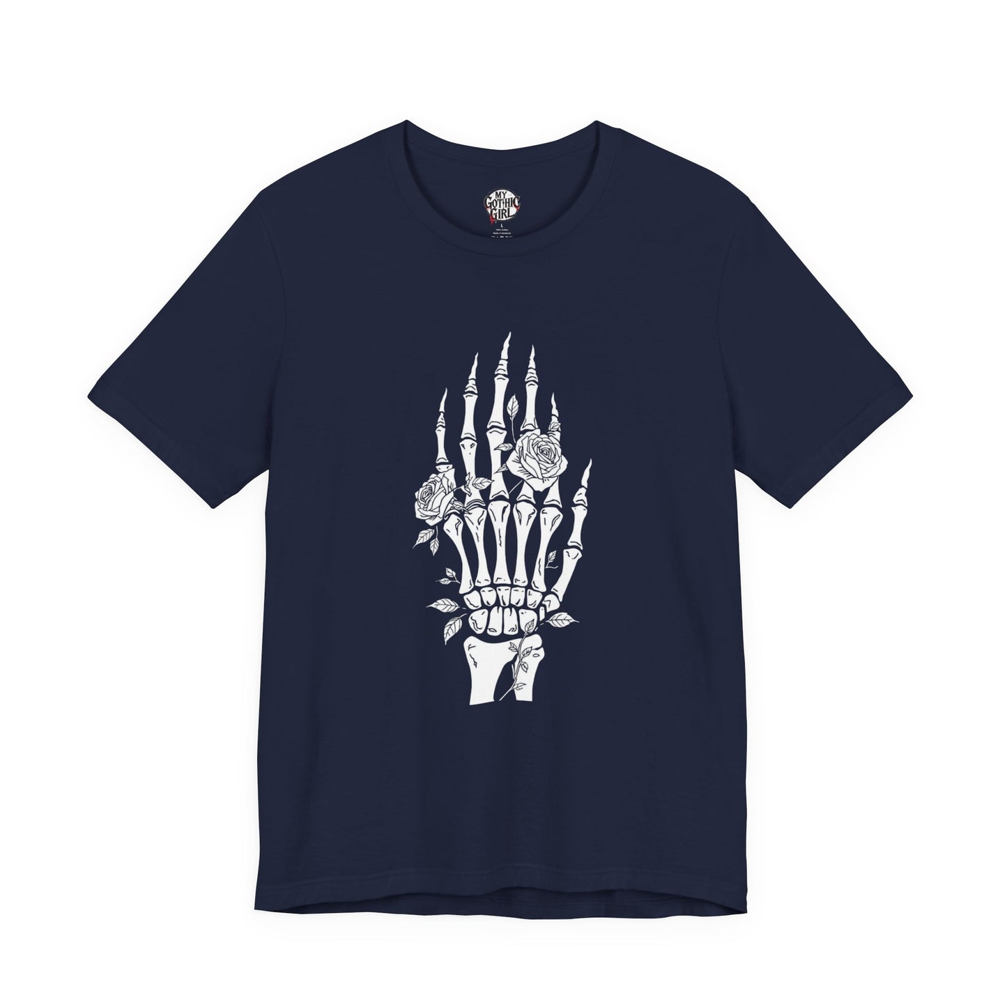 White Roses and Skeleton Hand  Gothic Graphic T-Shirt – Alt Aesthetic Poetic Goth Streetwear
