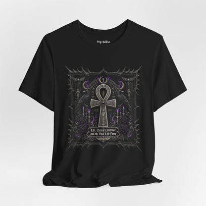 Ankh Gothic Tee — "Life, Eternal Existence and the Will to Fear" Black Graphic T-Shirt