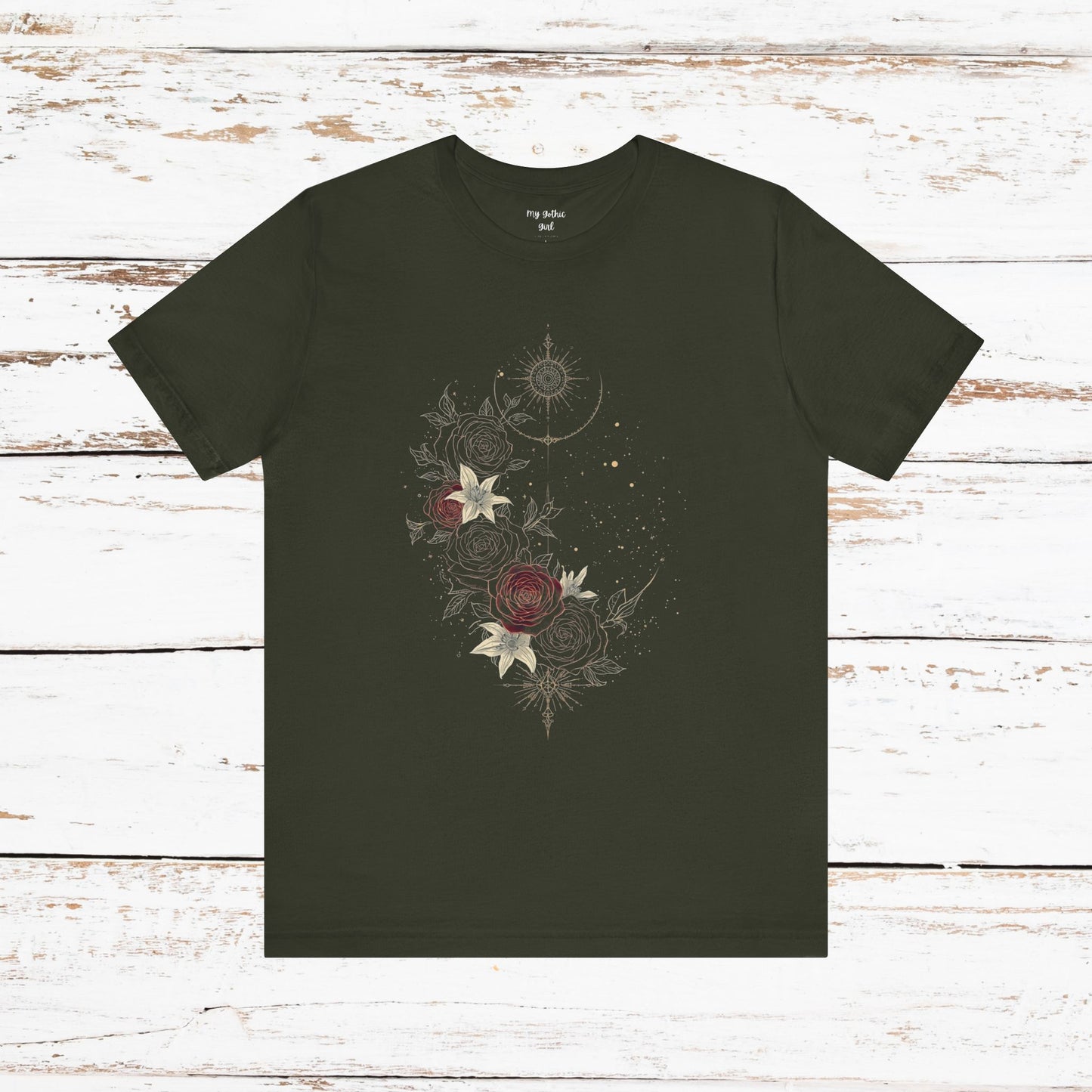 “Dark Floral Moon & Ornamental Geometry” T-Shirt Dark Floral Moon Ornamental Geometry Unisex Jersey Short Sleeve Tee