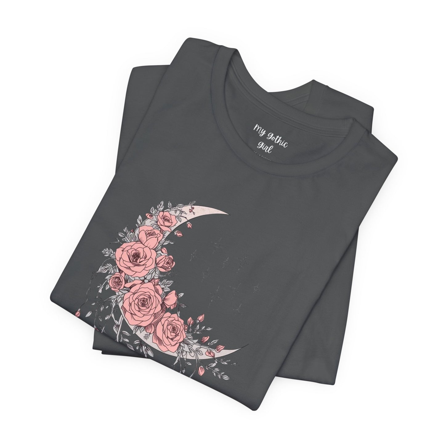 Celestial Goth Crescent Moon Tee with Dripping Florals – Mystic Graphic Art