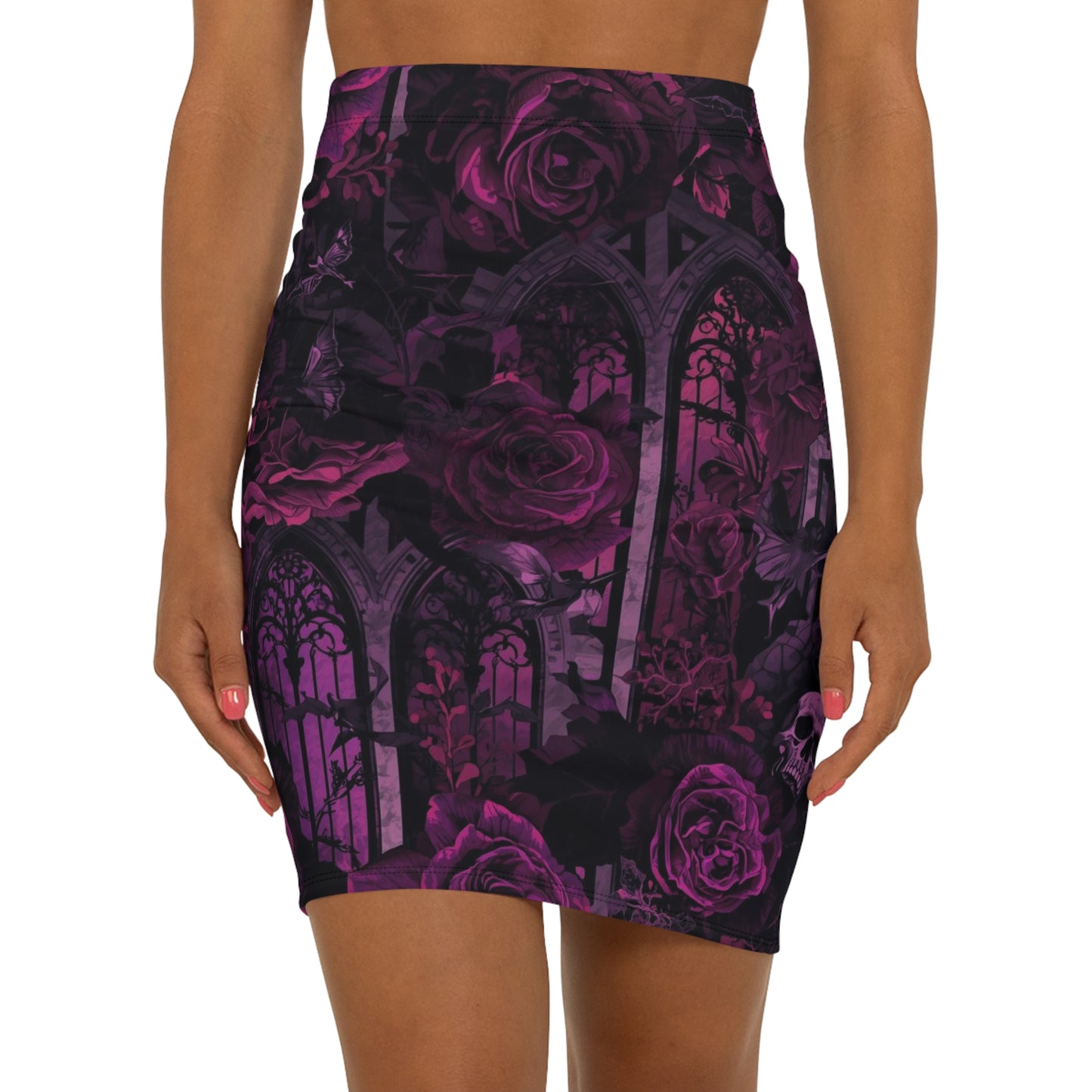 Gothic Rose Pencil Skirt — Purple Victorian Window Floral Print