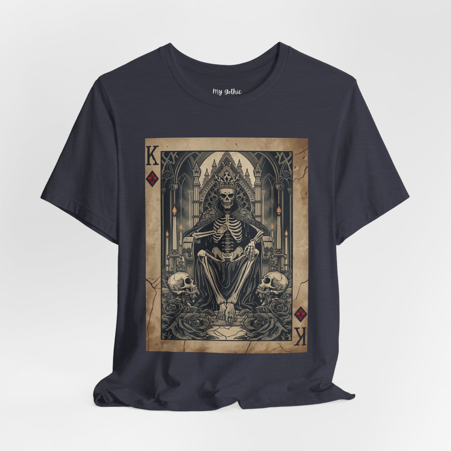Skeleton King Playing Card Graphic Tee — Gothic Skull Throne T-Shirt