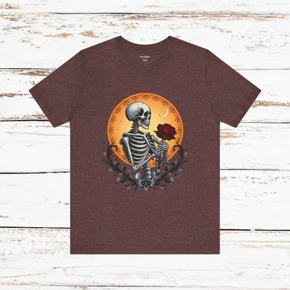 Mystical Gothic Skeleton and Black Rose Under Crescent Moon T-Shirt Design