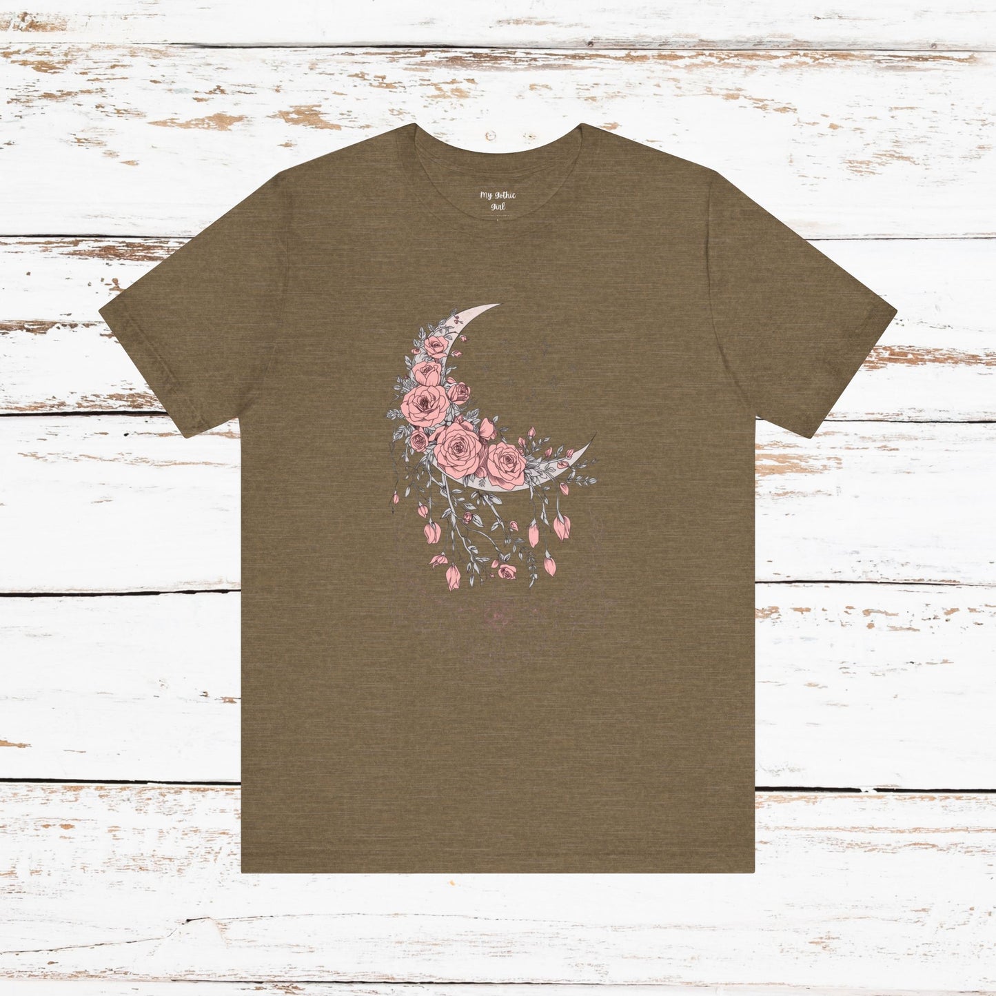 Celestial Goth Crescent Moon Tee with Dripping Florals – Mystic Graphic Art