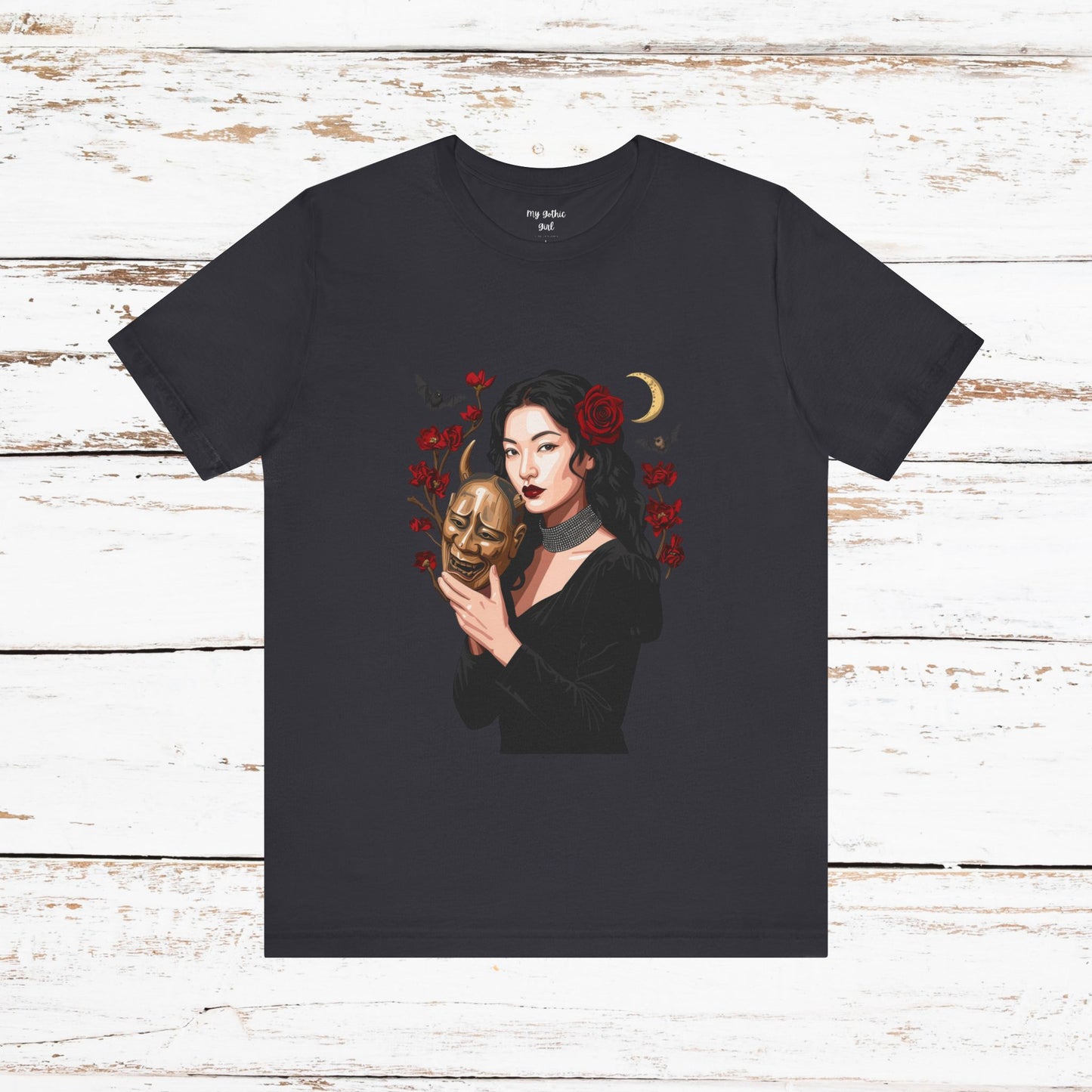 Gothic Rose Maiden Tee — Woman with Mask & Crescent Moon Graphic T-Shirt
