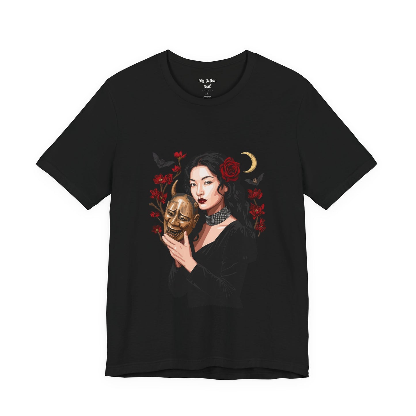 Gothic Rose Maiden Tee — Woman with Mask & Crescent Moon Graphic T-Shirt