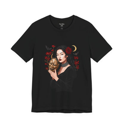 Gothic Rose Maiden Tee — Woman with Mask & Crescent Moon Graphic T-Shirt
