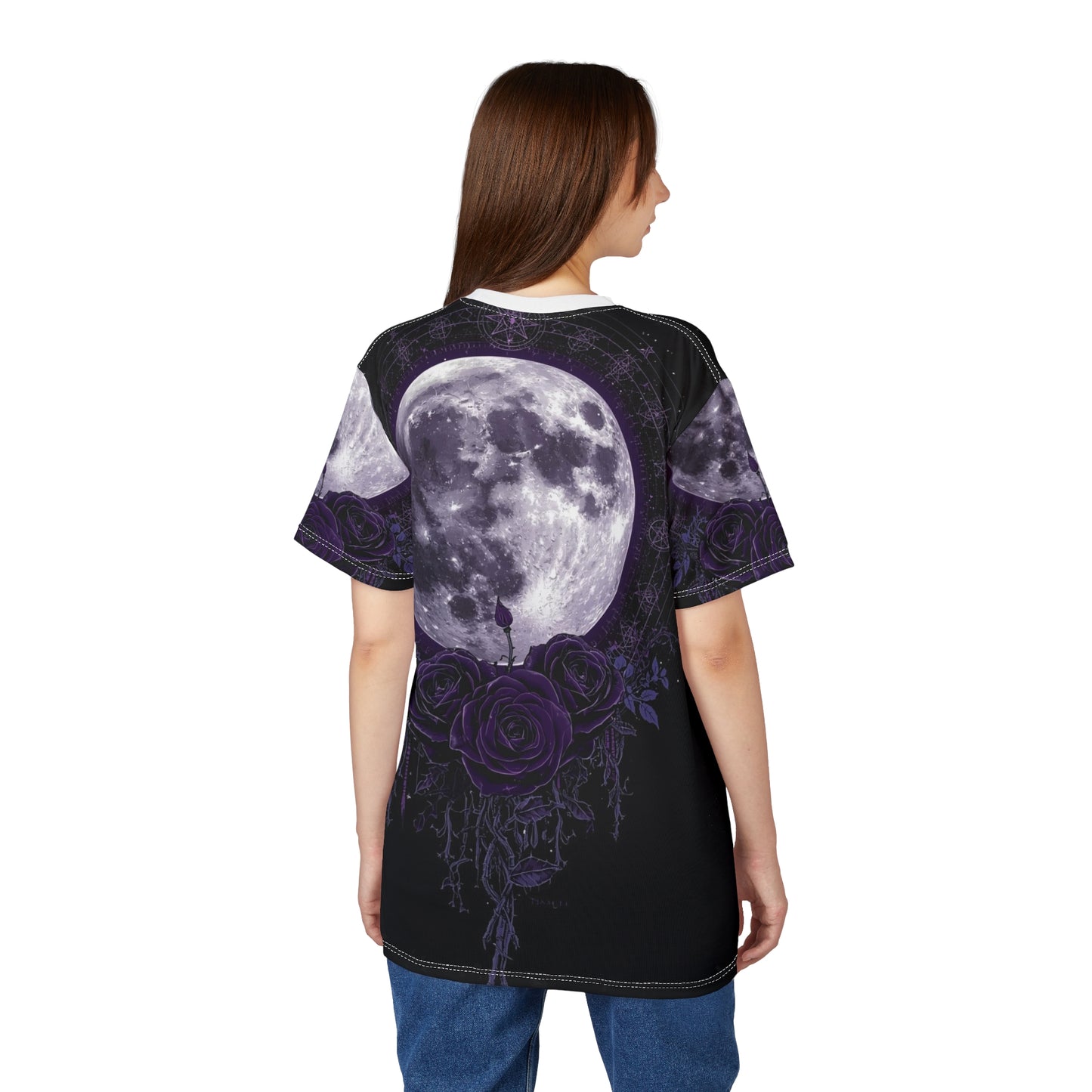 Purple Moon & Roses Tee — Gothic Floral Moonlight All-Over Print Shirt