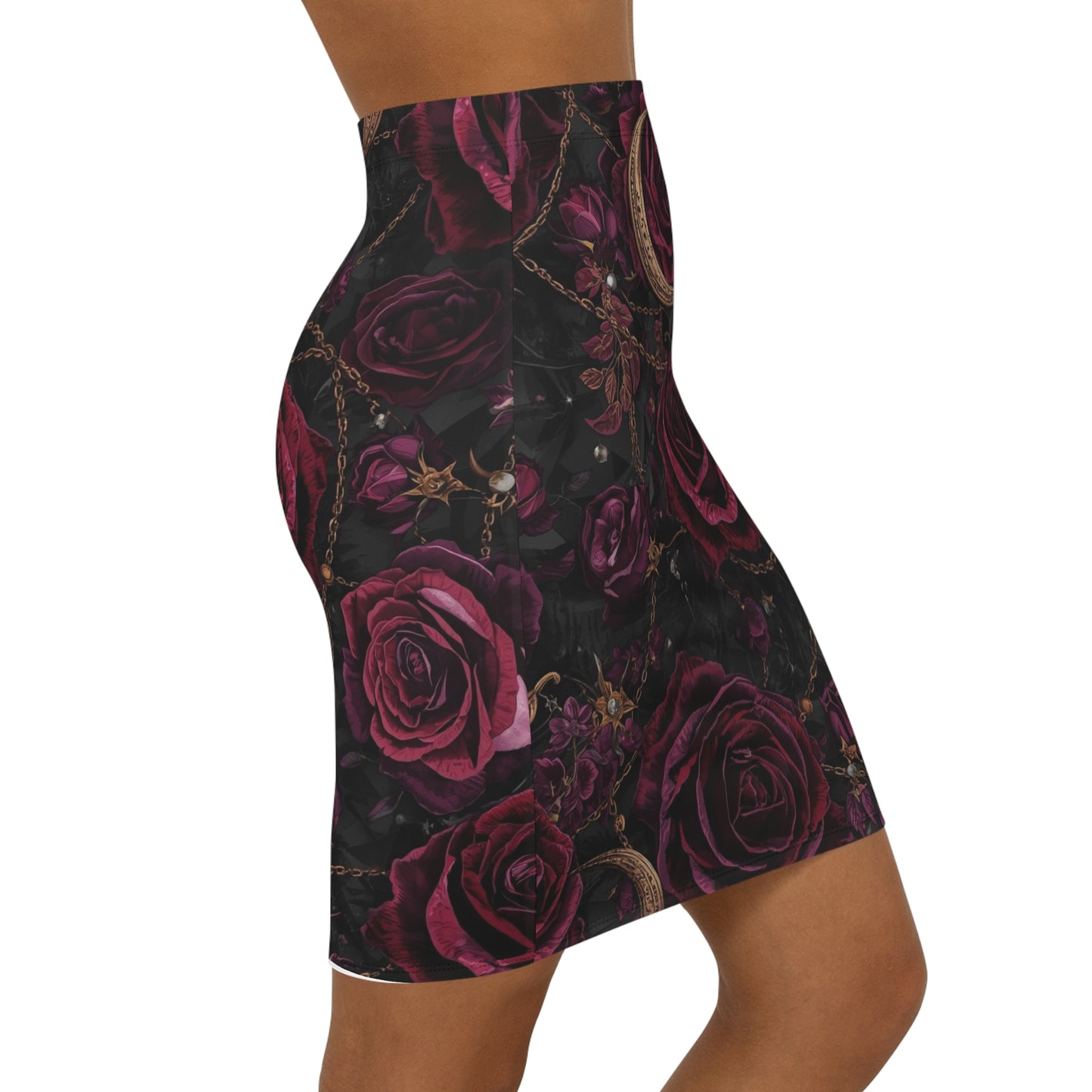 Rose Moon Pencil Skirt — Dark Gothic Floral Mid‑Waist Skirt