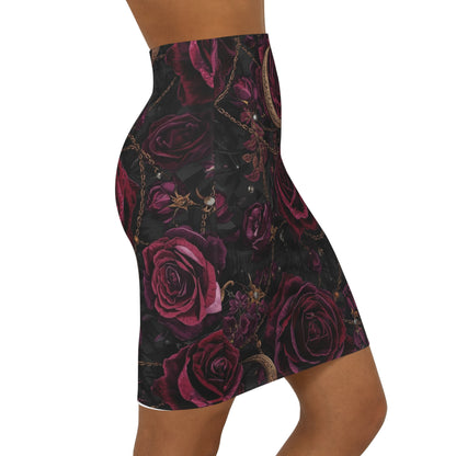 Rose Moon Pencil Skirt — Dark Gothic Floral Mid‑Waist Skirt