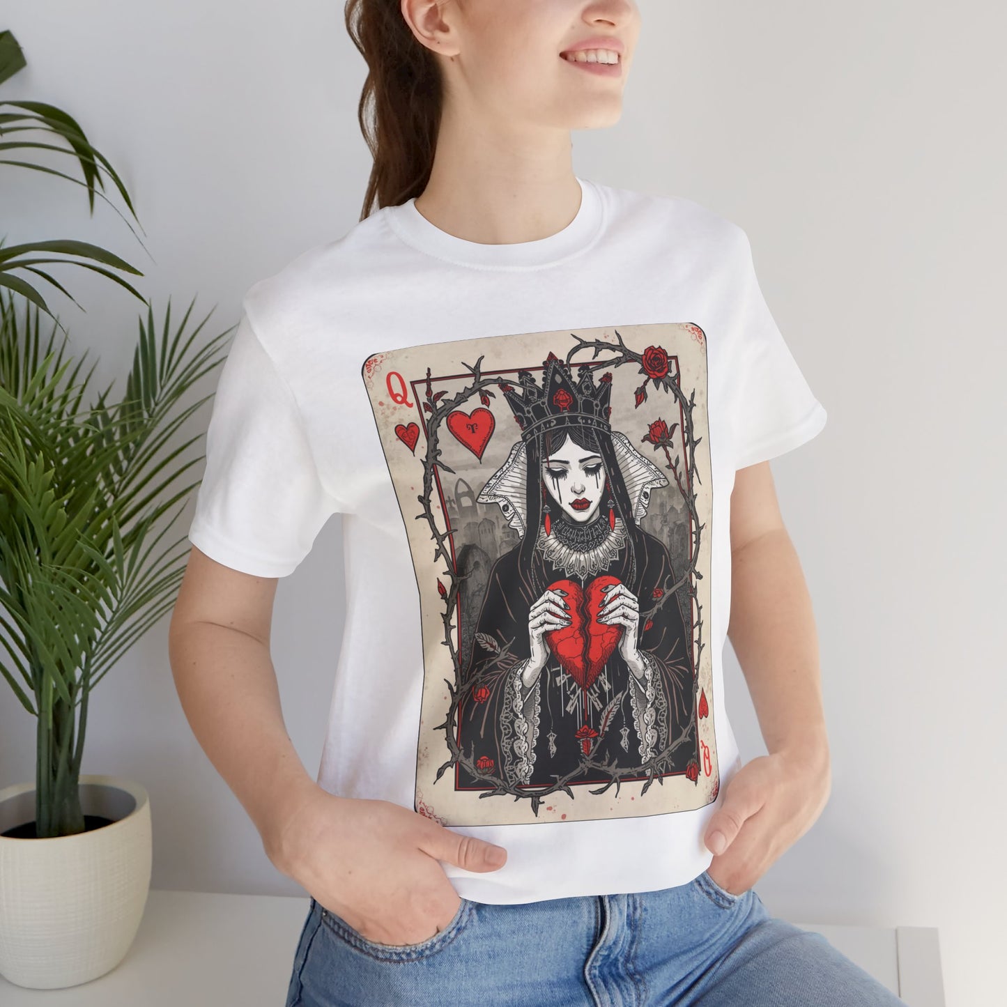Queen of Hearts Playing Card T-Shirt — Gothic Rose Broken Heart Graphic Tee