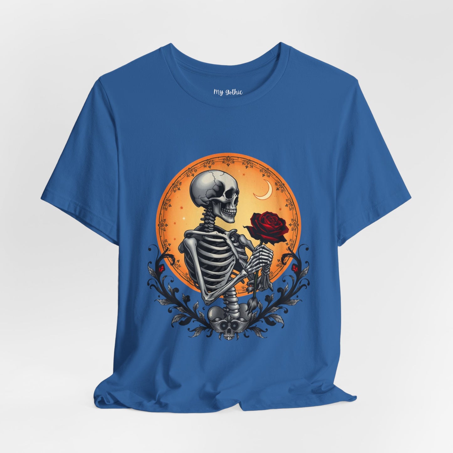 Mystical Gothic Skeleton and Black Rose Under Crescent Moon T-Shirt Design