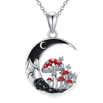 Flpruy Mushroom Moon Necklace 925 Sterling Silver Black Crescent Moon Pendant Magical Red Mushroom Pendant Gothic Jewelry Halloween Gifts for Women Mushroom Lover