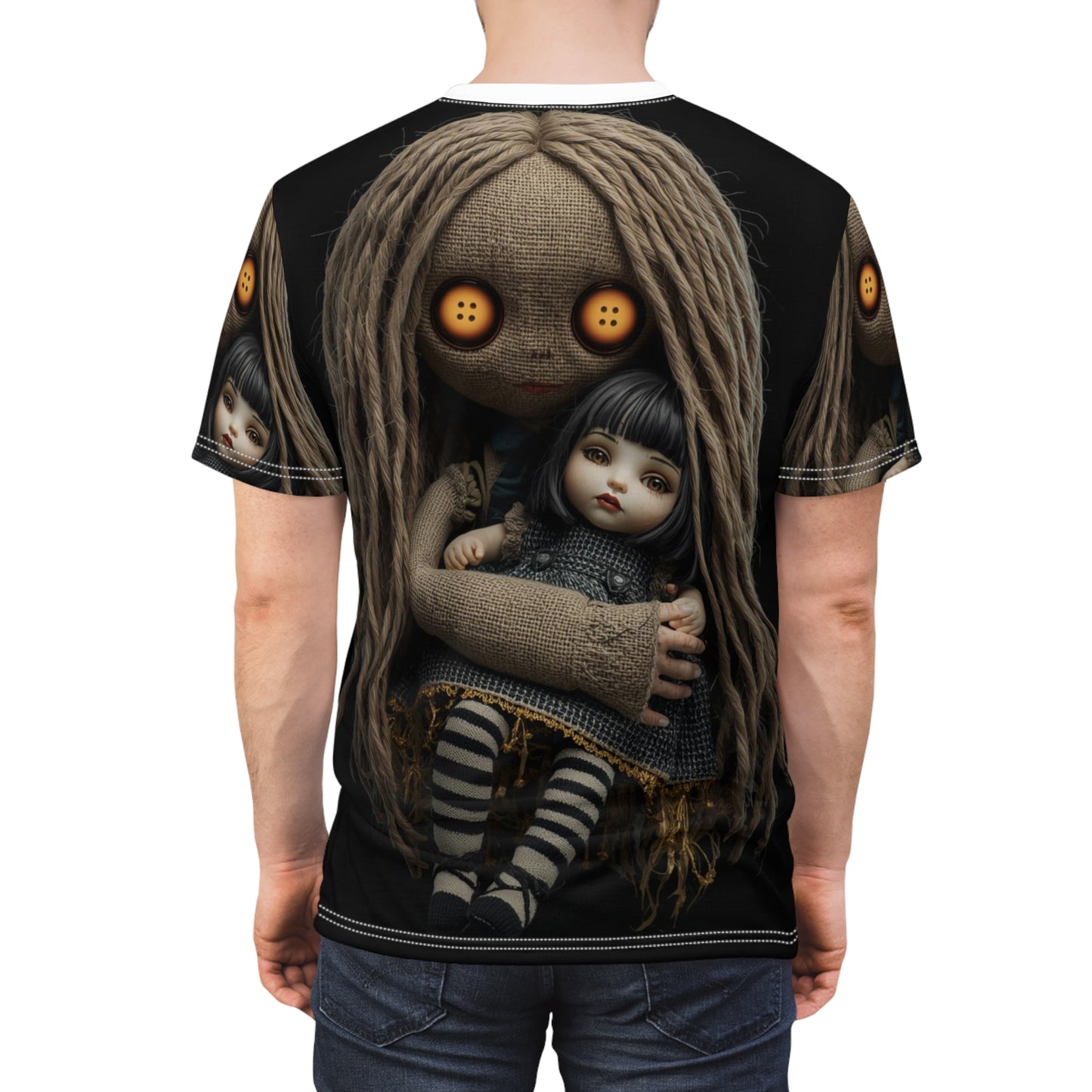 Gunny Sack Doll with Toy Gothic Doll | Horror All-Over Print T‑Shirt