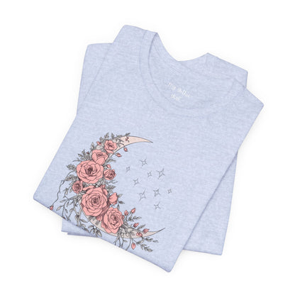 Celestial Goth Crescent Moon Tee with Dripping Florals – Mystic Graphic Art