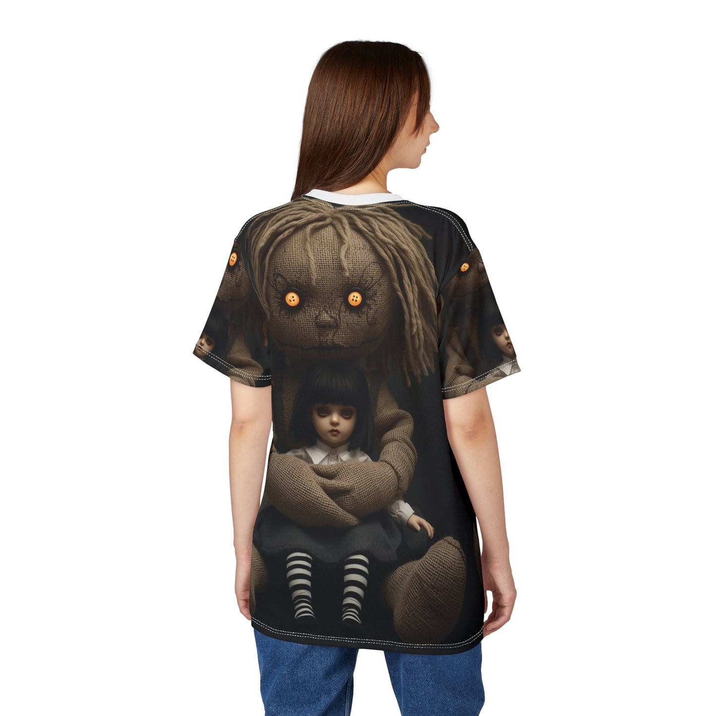 Gunny Sack Doll with Toy Gothic Doll | Horror All-Over Print T‑Shirt