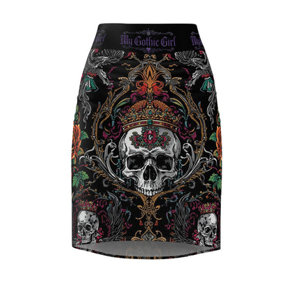 Gothic Skull Crown Pencil Skirt — 'My Gothic Girl' Dark Floral Skull Print