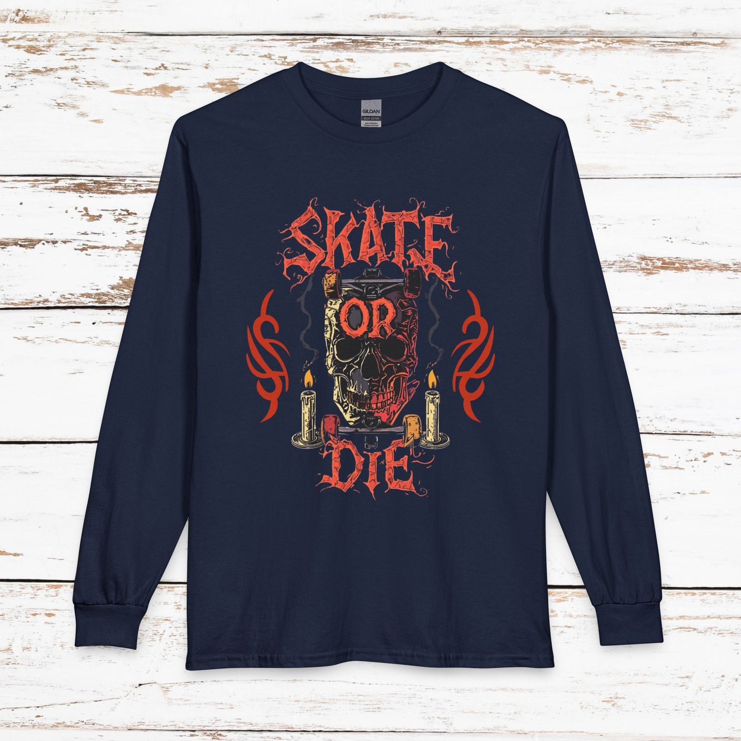 Skate or Die Long Sleeve Shirt — Gothic Skull Skateboard Tee