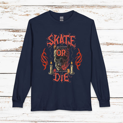 Skate or Die Long Sleeve Shirt — Gothic Skull Skateboard Tee
