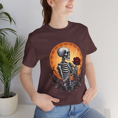 Mystical Gothic Skeleton and Black Rose Under Crescent Moon T-Shirt Design