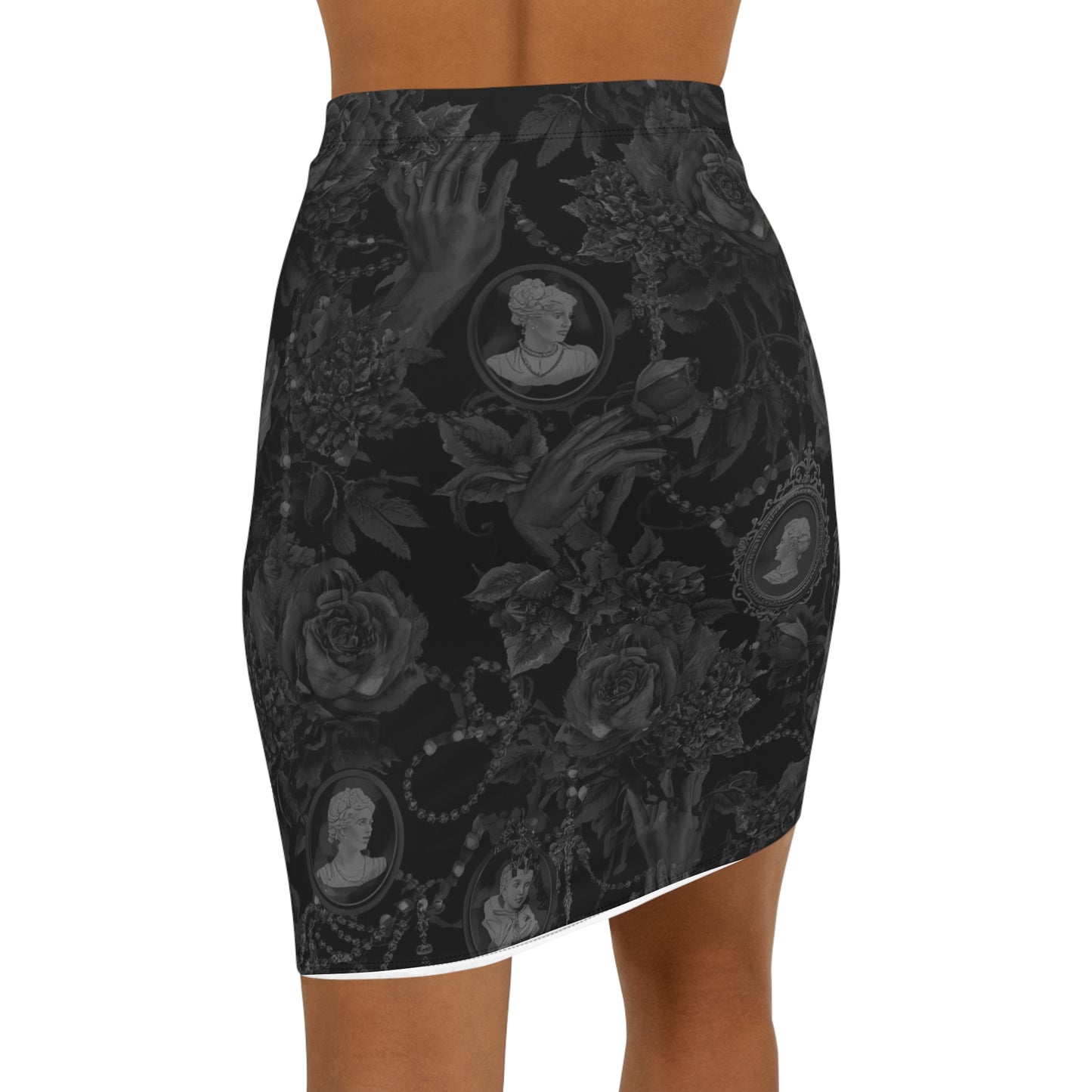 Gothic Cameo Floral Pencil Skirt — Black Victorian Rose Print