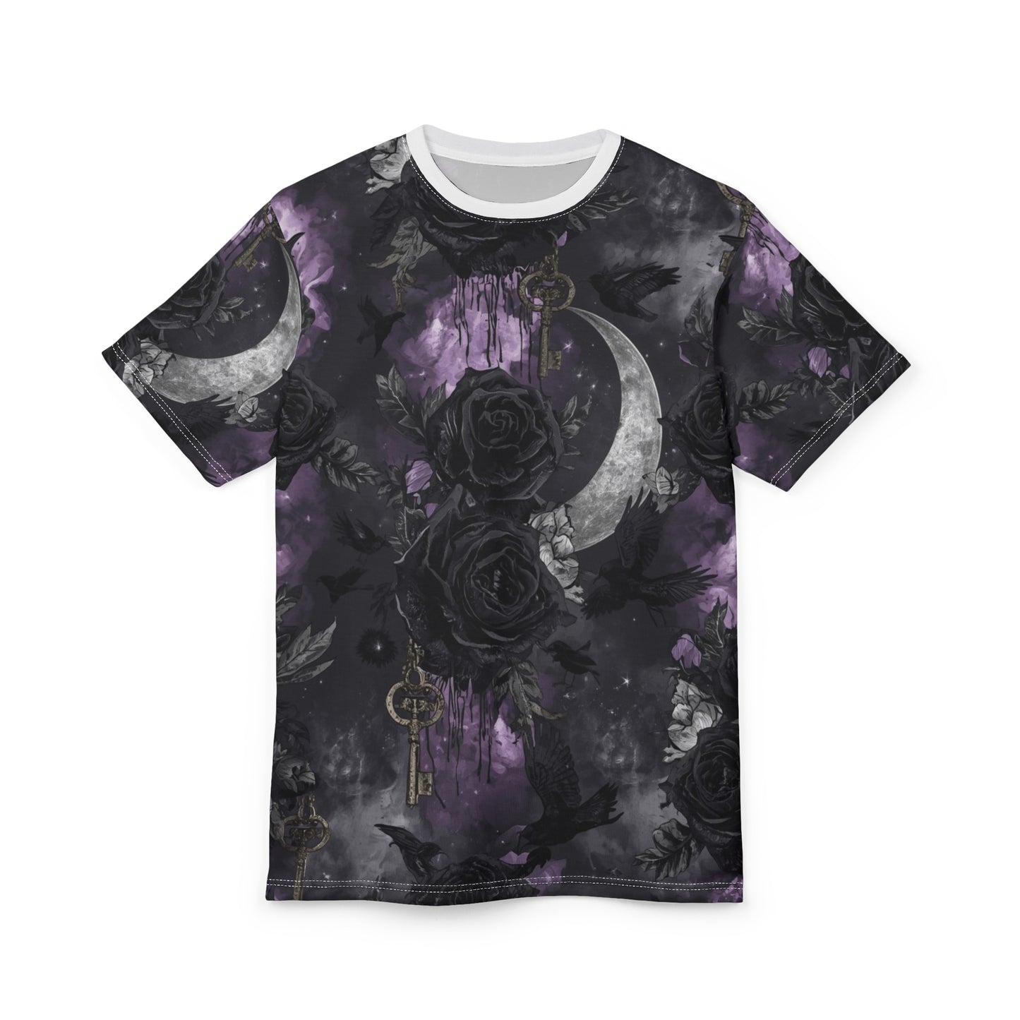 Gothic Moon & Roses Tee — Dark Floral Crescent Moon Keys All-Over Print