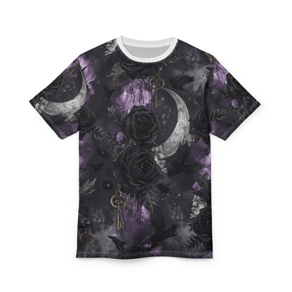 Gothic Moon & Roses Tee — Dark Floral Crescent Moon Keys All-Over Print