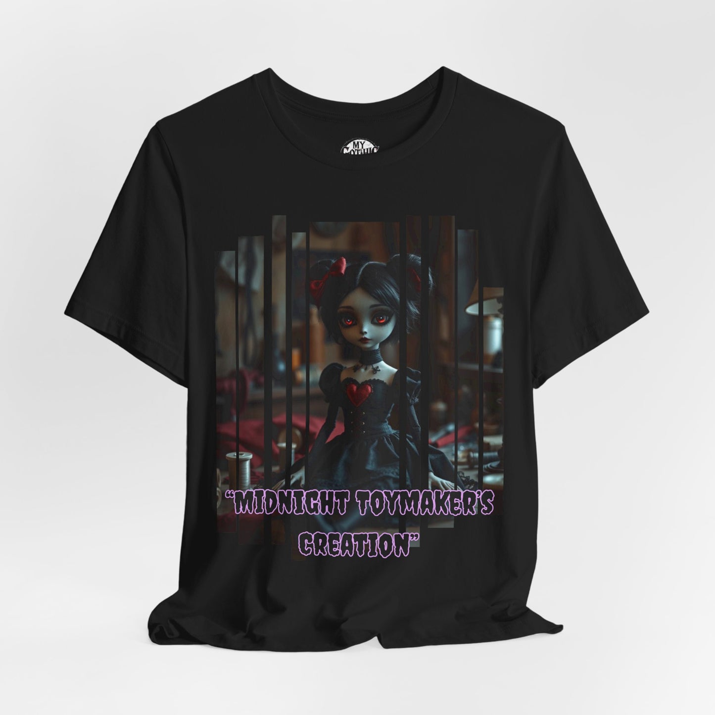 “Midnight Toy-maker's Creation” —hand-stitched Gothic doll Graphic T-Shirt – Alt Aesthetic Poetic Goth Street-wear