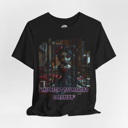 “Midnight Toy-maker's Creation” —hand-stitched Gothic doll Graphic T-Shirt – Alt Aesthetic Poetic Goth Street-wear