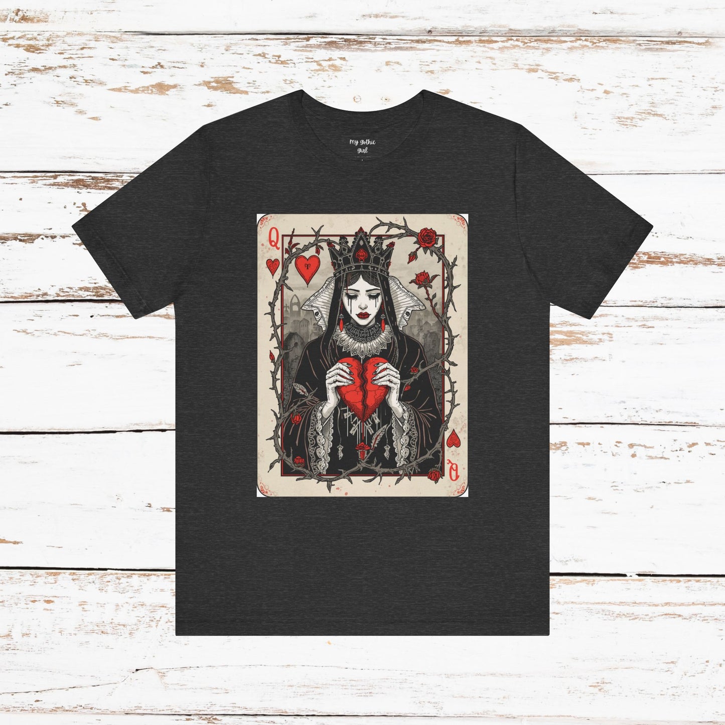Queen of Hearts Playing Card T-Shirt — Gothic Rose Broken Heart Graphic Tee