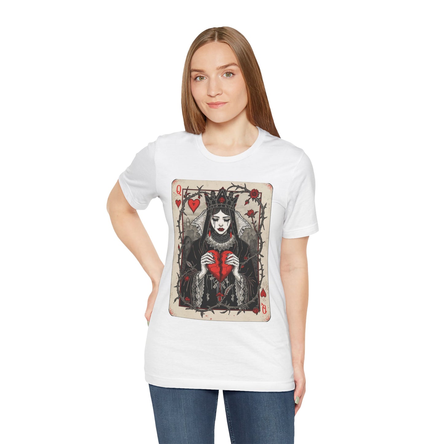 Queen of Hearts Playing Card T-Shirt — Gothic Rose Broken Heart Graphic Tee