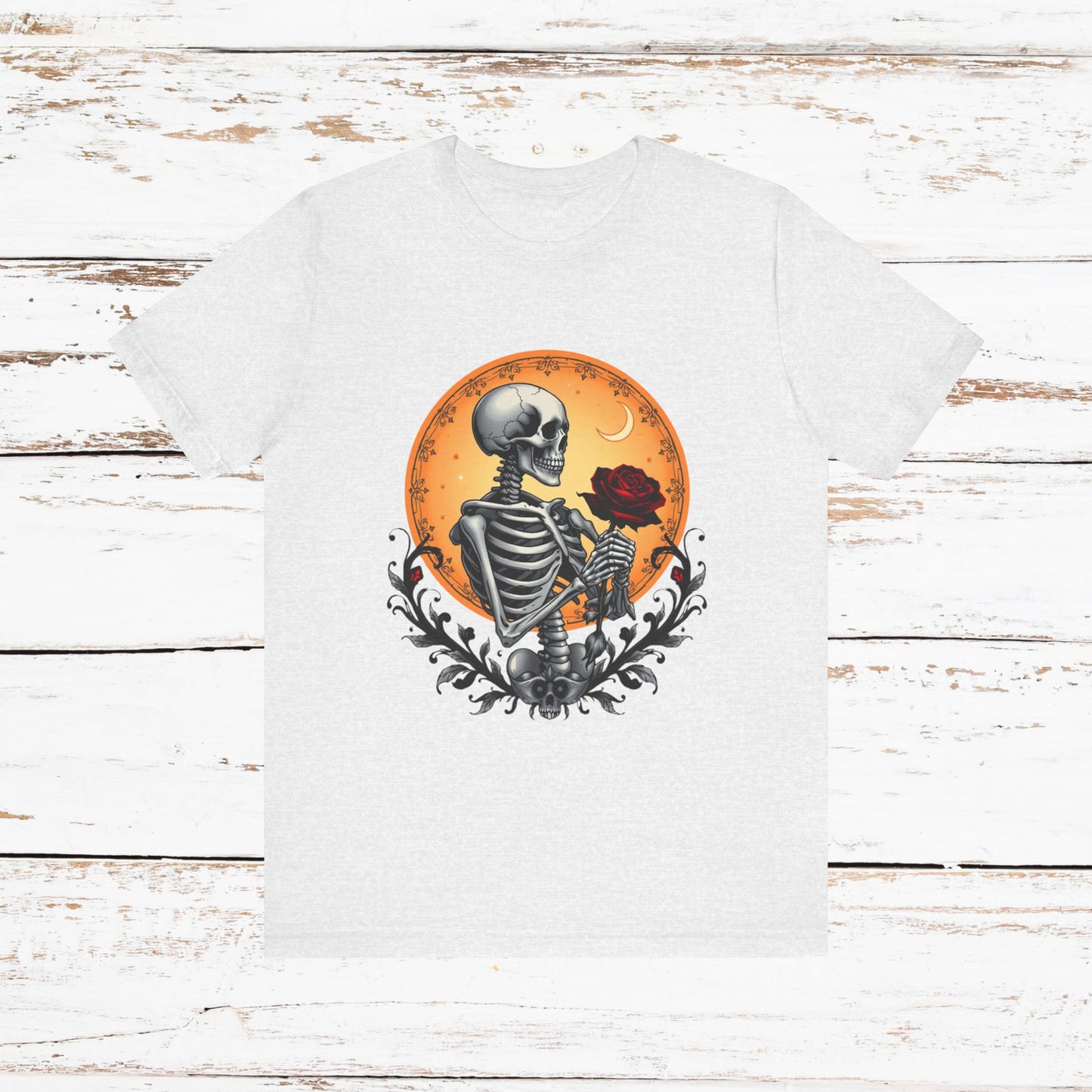 Mystical Gothic Skeleton and Black Rose Under Crescent Moon T-Shirt Design