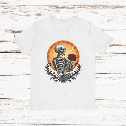 Mystical Gothic Skeleton and Black Rose Under Crescent Moon T-Shirt Design