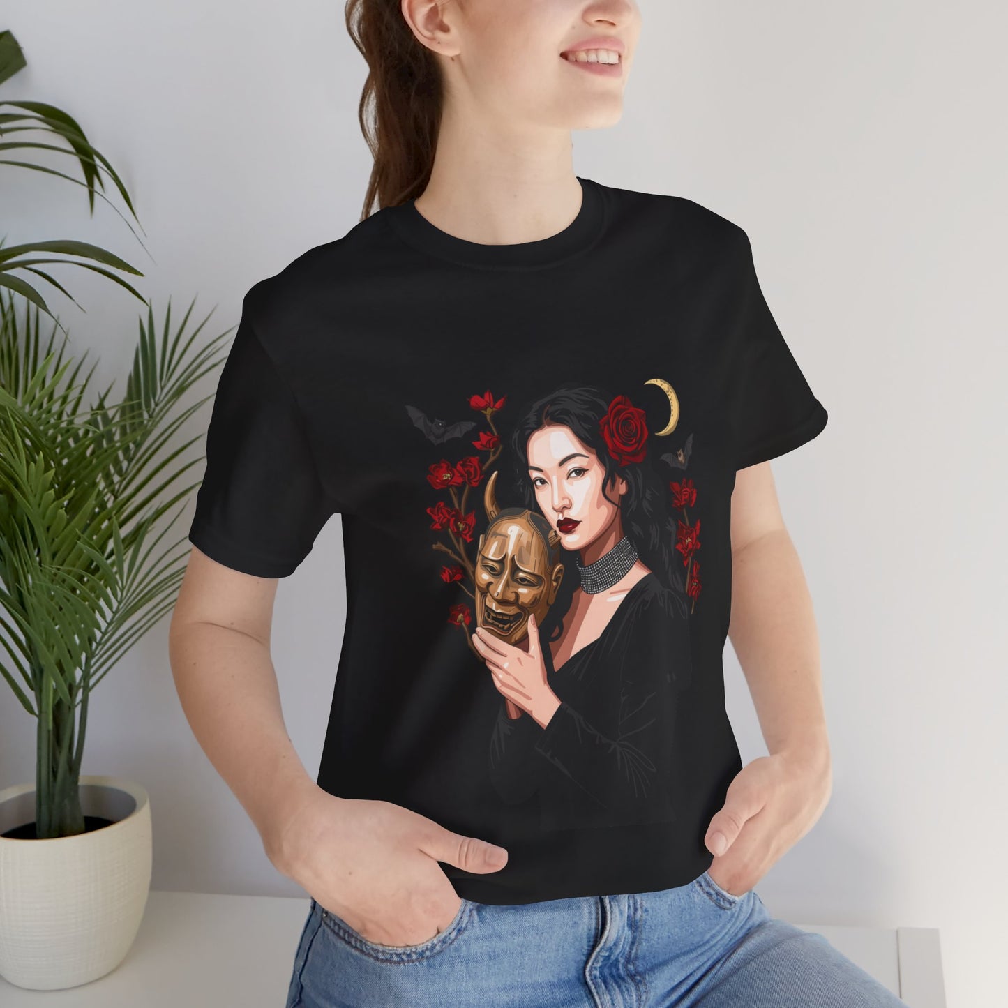 Gothic Rose Maiden Tee — Woman with Mask & Crescent Moon Graphic T-Shirt