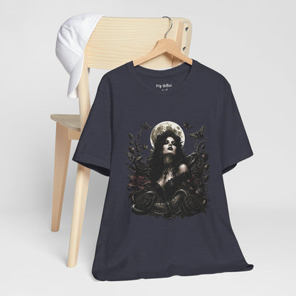Gothic Moon Goddess Tee – Dark Floral Occult Graphic T-Shirt
