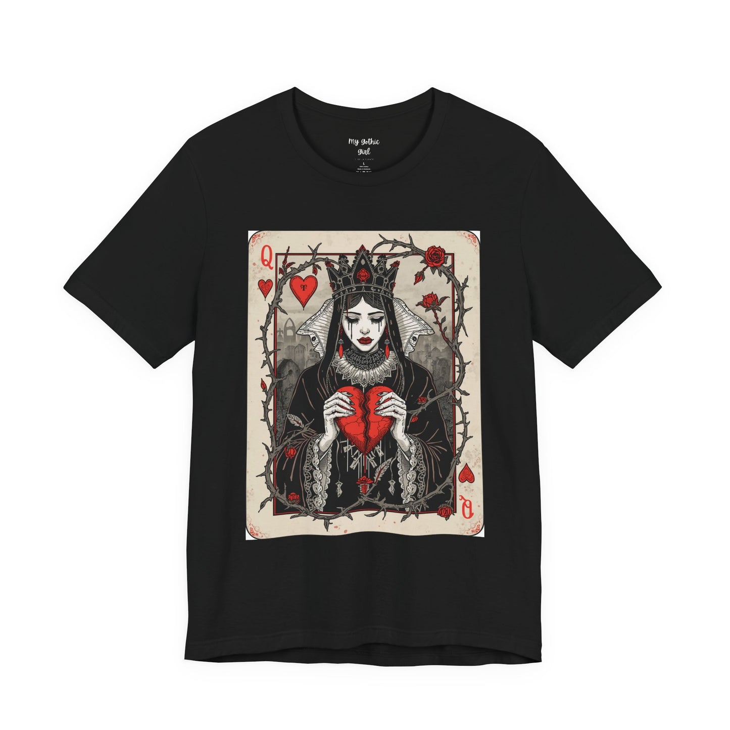 Queen of Hearts Playing Card T-Shirt — Gothic Rose Broken Heart Graphic Tee