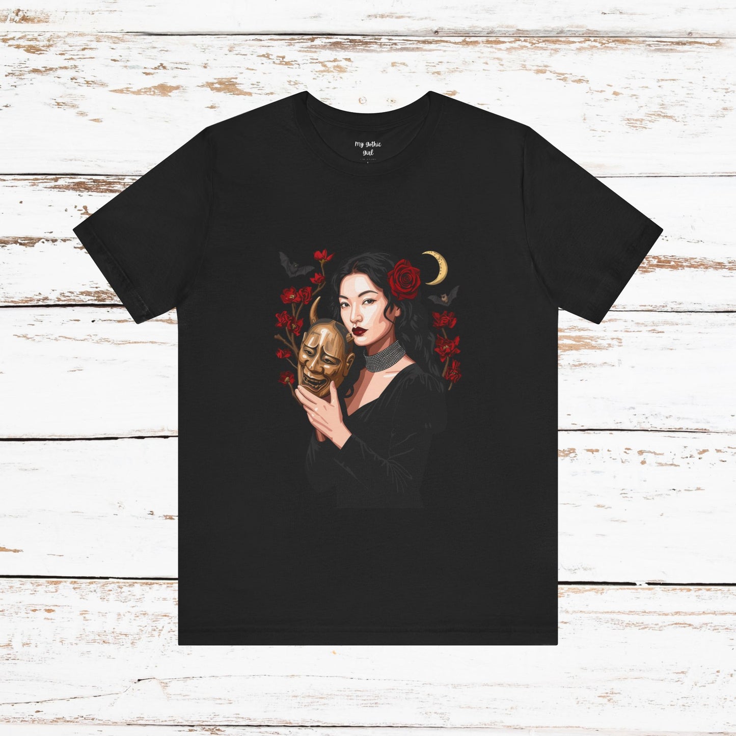 Gothic Rose Maiden Tee — Woman with Mask & Crescent Moon Graphic T-Shirt