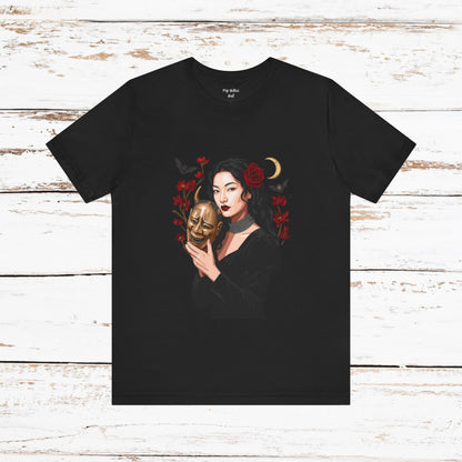 Gothic Rose Maiden Tee — Woman with Mask & Crescent Moon Graphic T-Shirt